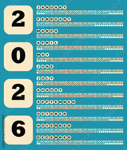 2026 Calendar with Monthly Views. A colorful and organized 2026 calendar, with each month.