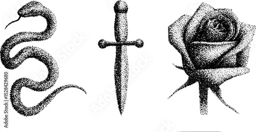 Intricate stippling art: snake, dagger, and rose in halftone ink illustration