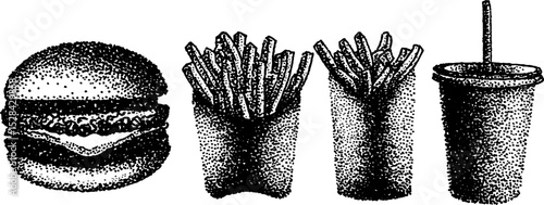 Vintage fast food scene with stippling halftone technique for retro design