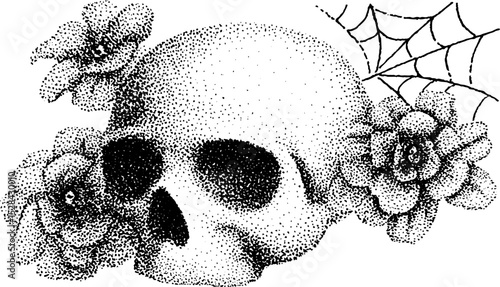 Intricate stippling ink illustration of skull with flowers and spider web