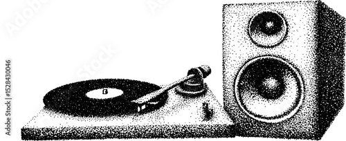 Retro music vibes with stippling ink illustration of turntable and speakers