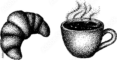 Vintage stippling ink art of steaming coffee cup and croissant for cafe decor