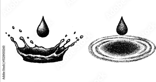 Hyper detailed ink stippling illustration of water droplets and splash effects