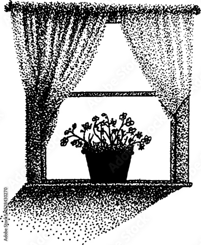 Detailed ink stippling illustration of potted flowers on windowsill with curtains