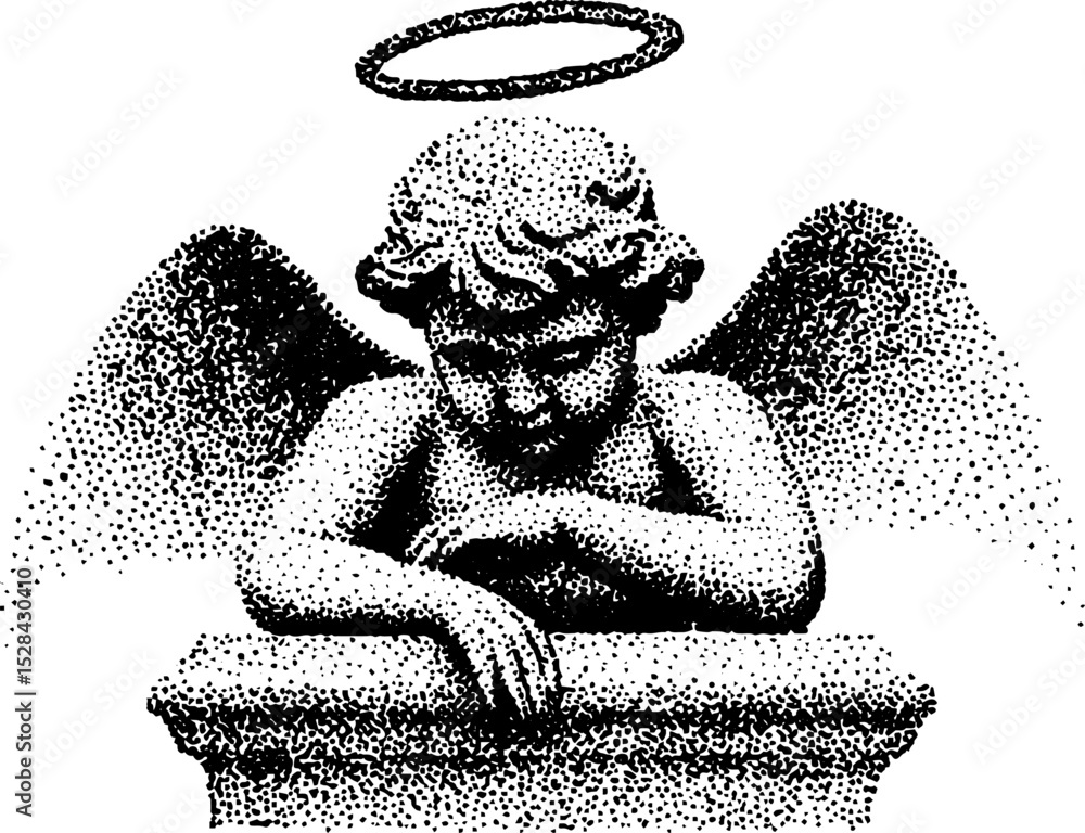 Fototapeta premium Angelic halftone art: stippling ink depiction of a pensive cherub with wings and halo