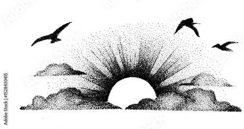 Stippling ink illustration of birds flying over sunrise through clouds in halftone style