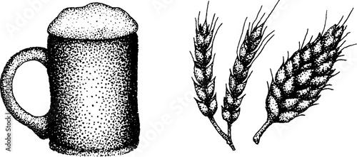 Detailed ink stippling of beer mug with wheat ears for brewing design