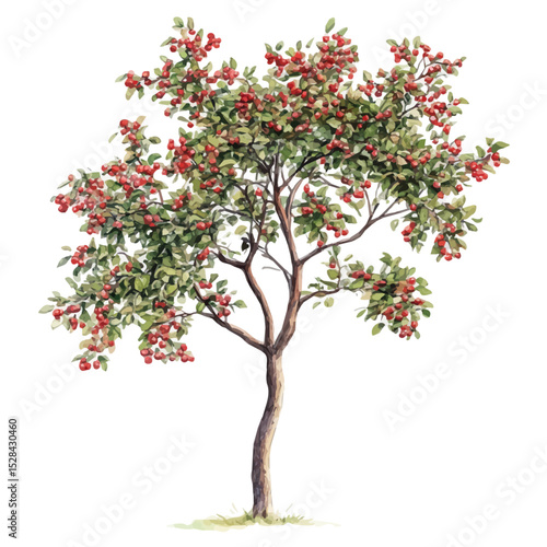 watercolor of A Mountain Ash Tree, vector high quality, isolated on a white background.
