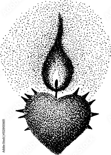 Intricate stippling ink illustration of sacred heart with flame in halftone style