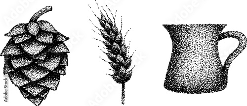 Detailed stippling ink art of hop, wheat, and pitcher for beverage design