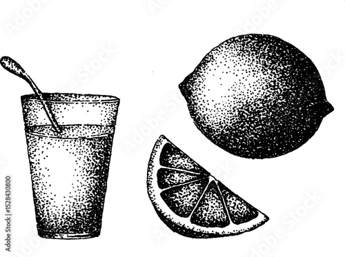 Citrus refreshment: hyper detailed stippling artwork with lemon and glass