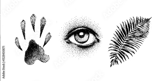 Hyper detailed stippling ink illustration of eye, leaf, and handprint for artistic design