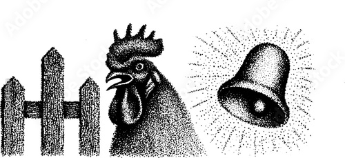 Detailed stippling ink illustration of rooster and bell with fence