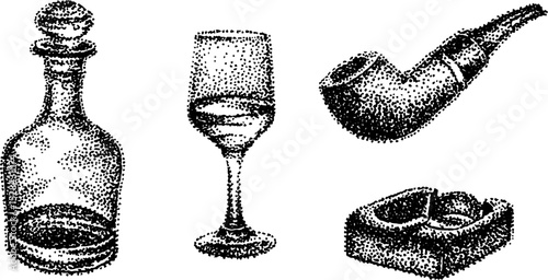 Vintage stippling ink art featuring glass decanter, wine glass, smoking pipe, and ashtray