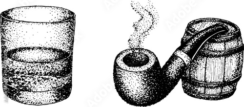 Vintage stippling art of smoking pipe and whiskey glass for classic decor