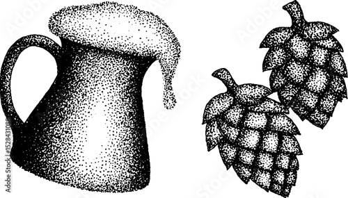 Detailed stippling ink drawing of beer mug and hops for craft brewery design