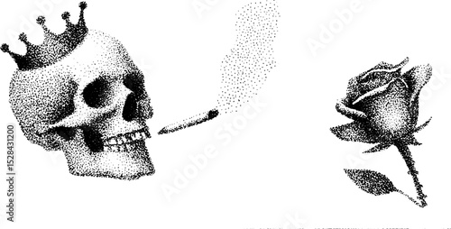 Regal skull with smoking cigarette and rose in hyper detailed ink stippling