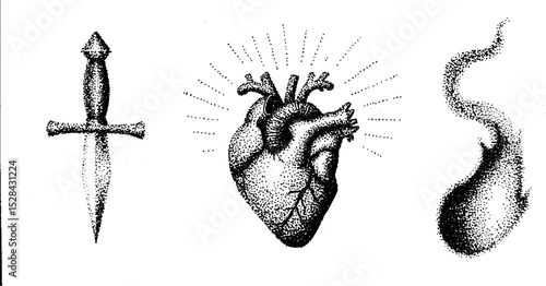 Intricate stippling art featuring heart, dagger, and smoke designs for artistic inspiration