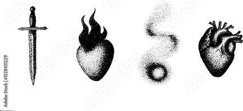 Intricate ink stippling illustrations of sword, flaming heart, spiral, anatomical heart