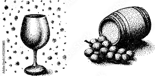 Intricate stippling artwork featuring wine glass, grapes, and barrel for elegant decor