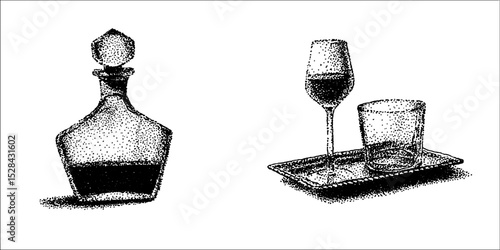 Hyper detailed ink stippling art of decanter and glassware for elegant design projects