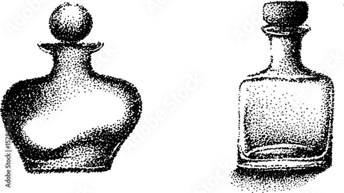 Hyper detailed ink stippling of vintage bottles in halftone technique for artistic design