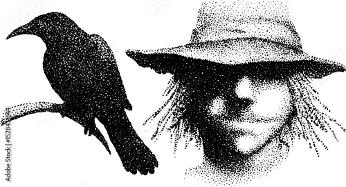 Stippling ink art with crow and man in hat, detailed halftone design