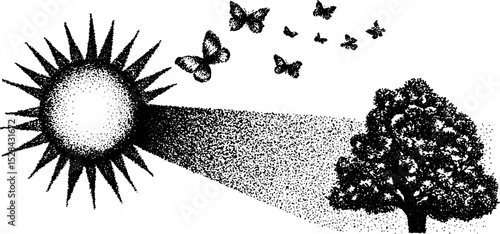 Detailed stippling ink art featuring sunlight, tree, and butterflies