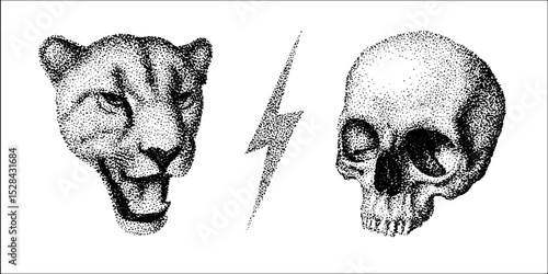 Hyper detailed ink stippling of roaring panther and human skull with lightning bolt
