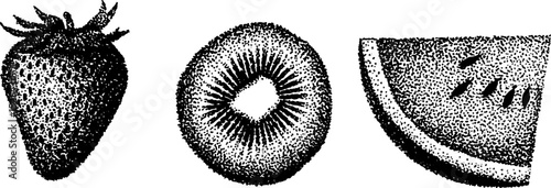 Hyper detailed stippling ink illustration of strawberry, kiwi, and watermelon slice for artistic design