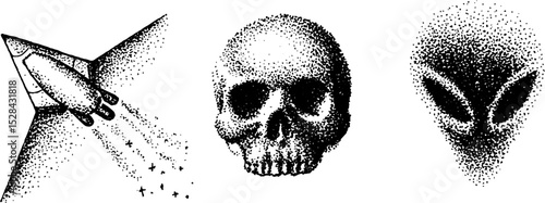 Cosmic exploration and mysteries: spaceship, skull, and alien in detailed ink stipple art
