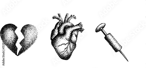 Stippling ink halftone illustration of heartbreak and medical themes
