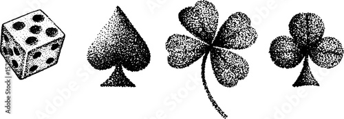Stippling ink art: dice and card suits inspired by halftone technique