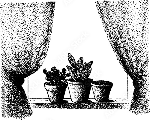 Detailed ink stippling of potted plants on a window sill with curtains