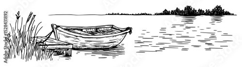 rowboat moored by lake shore sketch