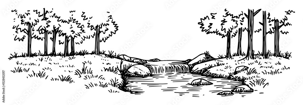 Obraz premium forest stream with rocks and trees vector black doodle sketch