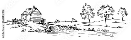 old cabin by creek and trees vector black doodle sketch