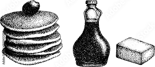 Breakfast scene with pancakes, syrup, and butter in detailed halftone ink style