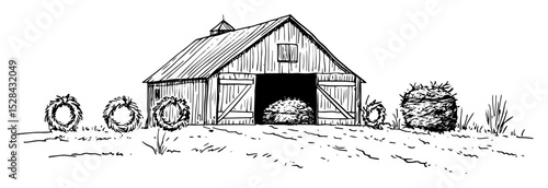 rustic barn with hay bales vector black doodle sketch