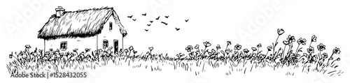 old farmhouse with flower field vector black doodle sketch