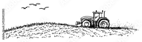 tractor on farmland with birds vector black doodle sketch