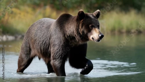 A majestic bear walking through the river, full-body shot, high-definition photography, nature background, wild and rugged scenery, capturing its powerful presence in its natural habitat.