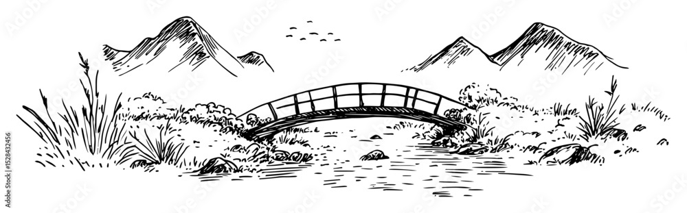 Naklejka premium wooden bridge over river with mountains doodle vector sketch