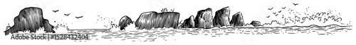 rocky coastline with waves and birds vector laser cutting engraving doodle shape