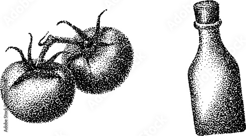 Detailed stippling ink illustration featuring tomatoes and bottle design