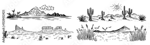 desert landscape with cacti and mesas vector laser cutting engraving doodle shape