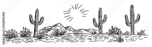 desert with cacti and mountains under sun doodle vector sketch