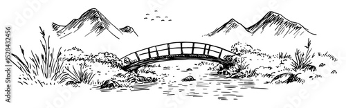 wooden bridge over river with mountains doodle vector sketch
