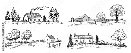 rural countryside houses and trees collection doodle vector sketch