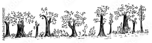 forest tree line with various trunks doodle vector sketch